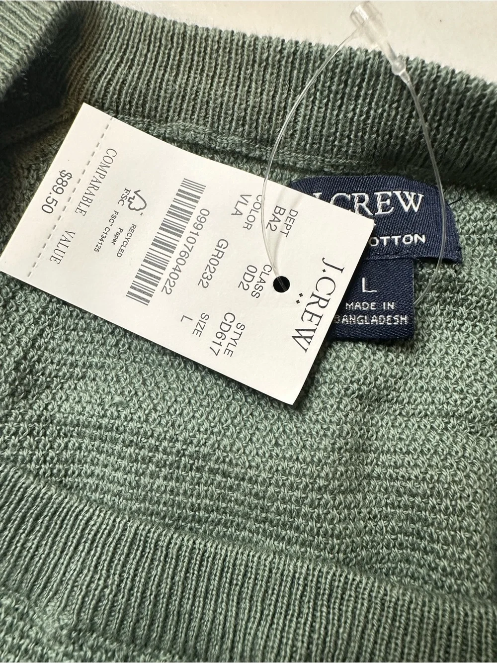 NWT J. Crew Lightweight Green Crew Neck Sweater - Size L